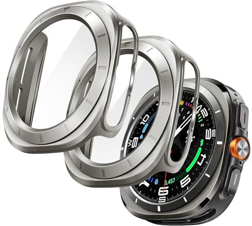 JETech Funda con Protector Pantalla para Samsung Galaxy Watch Ultra (2025/2024) 47mm, Carcasa Protección General, Cristal Vidrio Templado Incorporado, 2 Unidades (Titanio Natural)
