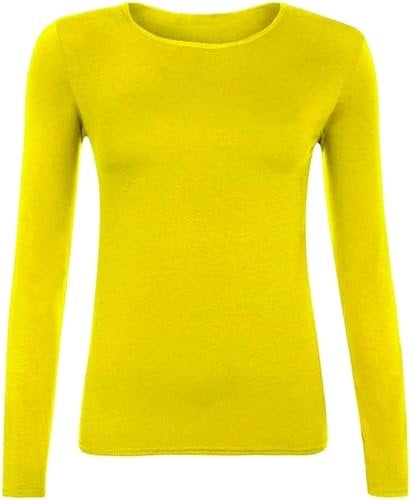 Ladies Long Sleeve T-Shirt Top Plain - Round Neck - Women's Casual T Shirt - Soft Stretchy Slim fit Tee Tops UK (UK, Numeric, 8, 26, Regular, Regular, S/M (8-10), Yellow)