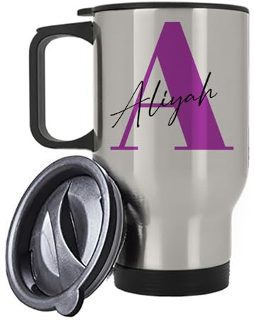 Getagift Personalised Initial with Name, Alphabet Marble Theme, Insulated 14oz Travel Mug, Tea, Coffee Mug. (Silver)