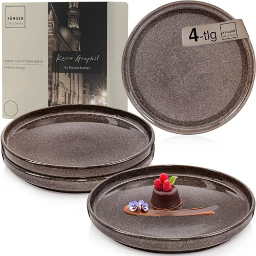 Sänger Kairo Graphit | Dessertteller 4 teilig, Steingut Frühstücksteller 4 Personen, kleine Teller spülmaschinenfest mikrowellenfest, Steingut Geschirr Mocha Braun | VALUE COLLECTION