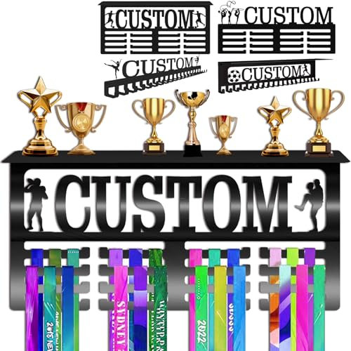 Espositore per medaglie personalizzato con nome testo personalizzato in acciaio porta medaglie da parete con mensola porta medaglie per premi nastri corsa calcio corsa baseball calcio stile 1 - con