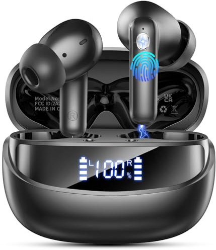 Cuffie Bluetooth, Auricolari Bluetooth 5.4 Stereo HiFi, Cuffiette Bluetooth con 4 Mic, 45 Ore Cuffie Wireless In Ear con LED Display, Cancellazione Rumore Cuffie Senza Fili, IP7 Impermeabili, USB-C