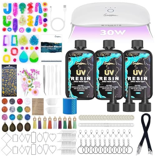 Suzzam UV Resin Set mit UV Lampe – 300g kristallklares UV Harz Schmuckherstellung Set mit Formen, 30W UV Lampe und Werkzeugen | Ungiftiges, Geruchsarmer für Schmuck, Schlüsselanhänger, Heimdekoration