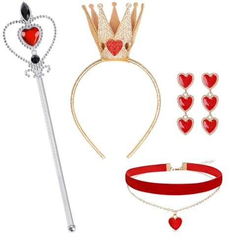 Spinosaurus 4-teiliges Schmuck-Set für die Königin der Herzen, goldfarbene Krone, Stirnband, rote Herzen, Ohrringe, Filz, Choker, Zauberstab, Kostümzubehör