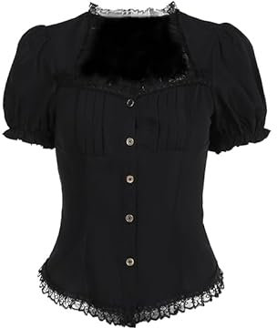 DINGJIUYAN Y2k Tops Women Sqaure Neck Lace Trim Buttons Shirt Short Sleeve Puff Sleeve Gothic Steampunk Tops Blouse Black