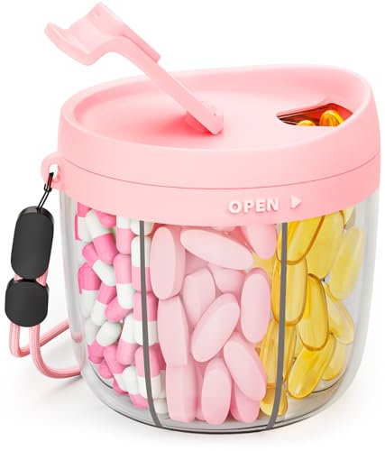 AUVON Pill Dispenser with 7 Large Compartments, Cute Portable Supplement Pill Box with Anti-Mixing & Wide Openings for Easy Use, Travel Tablet Organiser for Medicine, Vitamin Includes 20 Sticky Labels