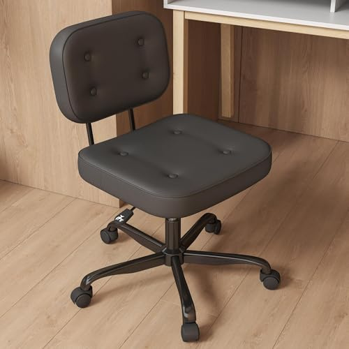 AnyGod Armless Desk Chair for Home Office, Compact Swivel Task Seat with Adjustable Height & Wheels, Ergonomic Low Back Computer Chair for Small Spaces, Study & Dressing Tables, Black PU Leather