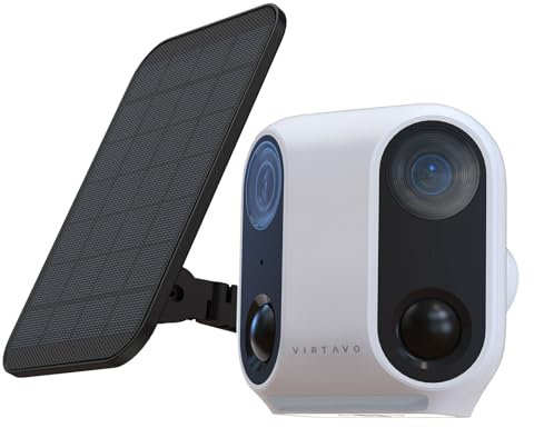 virtavo XM1, Security Camera Outdoor Wireless, Dual-Lens Ultra-Wide 160° Panoramic View, Solar Powered, Starlight Colour Night Vision, PIR Motion Sensor, Two-Way Audio, SD/Cloud Storage