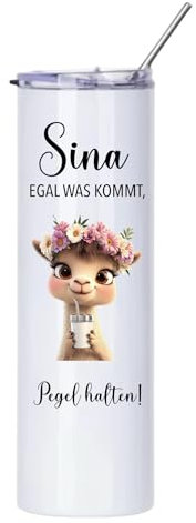 MiniGifts Personalisierter Thermobecher to go Weinbecher Edelstahl Strohhalm 'Mädels Pegel halten' Wunschname Isolierter Becher Aperol Spritz Thermobecher Geschenk Frau Freundin (Lama)