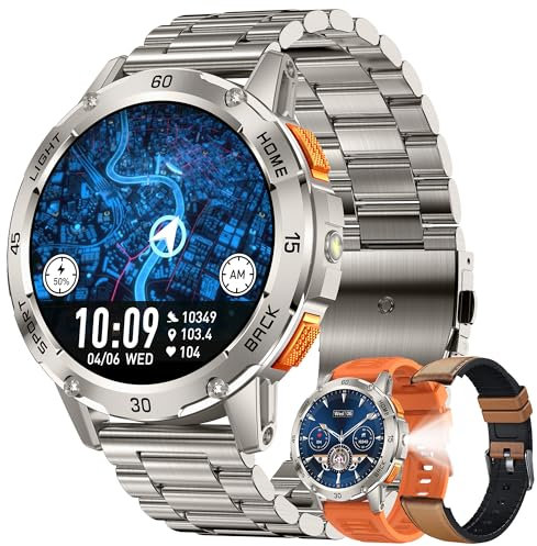 1,53 AMOLED Smartwatch Herren mit Telefonfunktion, 400mAh Batterie, Sportuhr mit Bluetooth Anrufe Fitnessuhr mit Schlafmonitor, 5ATM Wasserdicht Smart Watch für iOS Android, 3 Armbänder (Silber)