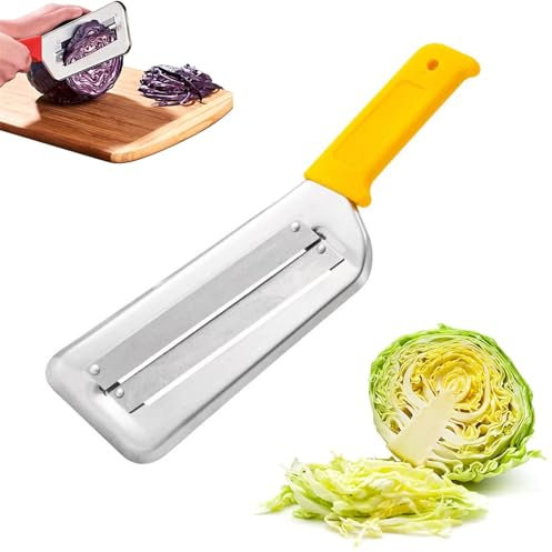 Dual Blade Julienne Cutter, Stainless Steel Double-Layer Slicer, Stainless Steel Cabbage Shredder for Coleslaw & Sauerkraut, Ergonomic Lettuce Chopper with Silicone (Yellow)