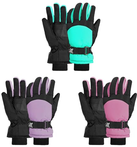 LYDTICK 3 Pairs Kids Winter Gloves Waterproof Snow Ski Gloves for Boys Girls Toddler Outdoor Warm Snowboard Mittens, Color A, 3-6 Years