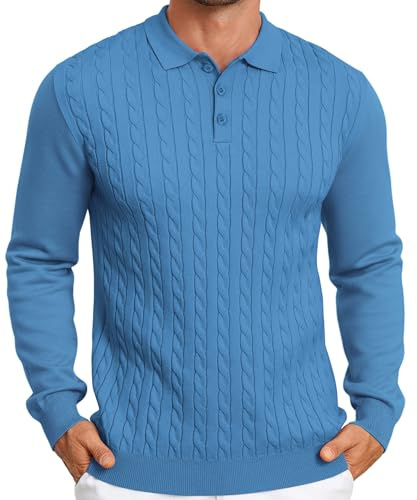 Elainone Herren Strickpullover mit Polo Kragen Slim Fit Feinstrick Zopfmuster Langarm Leichter Freizeit & Business Pullover Knopfleiste Maschinenwäsche Jeansblau 3XL
