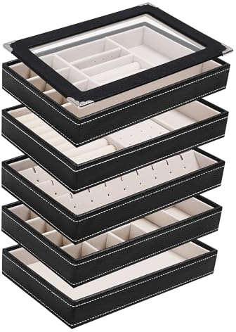 Boxudeli 5 Layer Jewellery Trays Stackable Jewellery Organiser Tray with Clear Lid, Jewellery Display Tray for Drawer Large Jewellery Box for Dressing Table (black, 5 layer detach the lid)