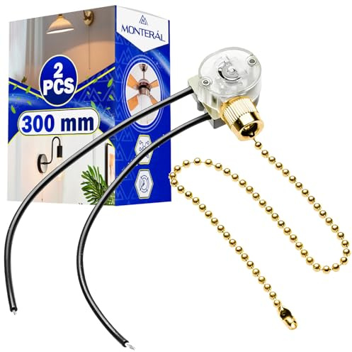 2 Stück Zugschalter mit Schnur mit Kette von 300 mm 750W 220-240V | Geeignet für Lampe mit Zugschalter - Garantie 10 Jahre - MONTERAL