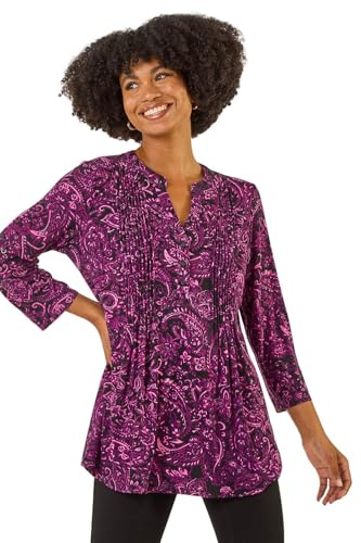 Roman Originals Pintuck Shirt for Women Ladies Jersey Blouse Collarless Top Flare Crinkle Notch Neck Tunic 3/4 Length Sleeve Longline Smart Casual Party Going Out - Magenta - Size 12
