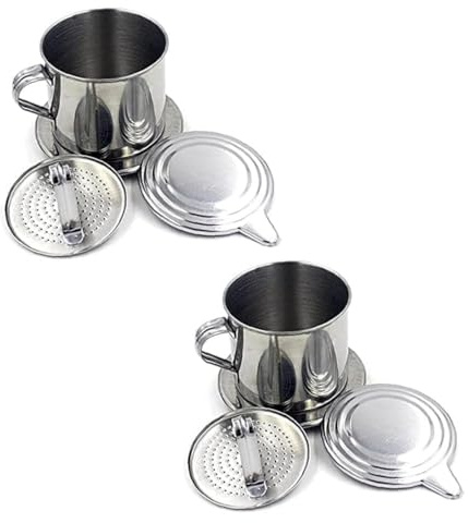 Clockjuan 2Pcs Silver Vietnamese Coffee Filter Stainless Steel Pot Drip Infuse Cup Brewing Teapot No Need Paper Drip Coffee Pot Machine Filter for Home Kitchen Office Outdoor ﻿