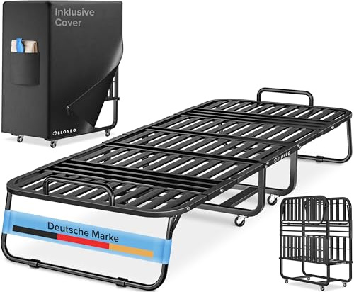 ELONEO Klappbett 80x200 cm | Gästebett klappbar, belastbar bis 250kg | faltbares Reisebett mit Metallrahmen und Transportrollen | Schrankbett inkl. Schutzhülle