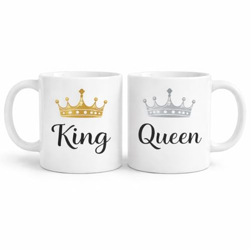SUBLIX King and Queen Mug Collection, Matching His and Hers Coffee Cups, 11oz White Ceramic, Romantic Gift for Couples, Anniversary, Wedding