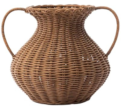 ZYFAB Rattan Vase für Blumen, rustikal Hand gewebt Blumenhalter mit Griff Bauernhaus Dekor gewebt Wicker Blumenkorb für Boho Heimdekor Tischplatte Dekorative Topf,A