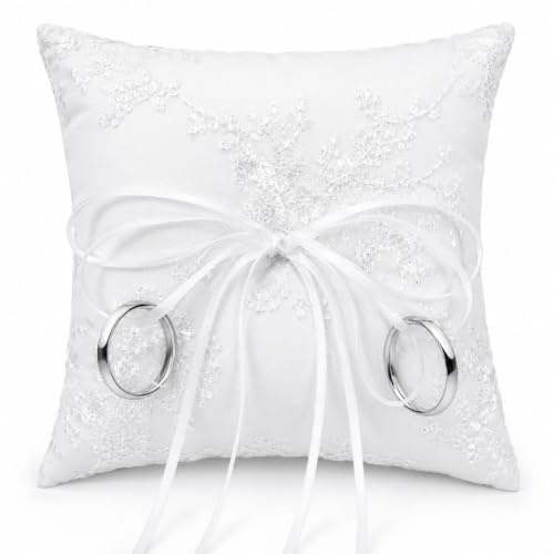 Ringkissen Hochzeit 15x15 cm, Ringhalter Kissen mit Satinband und Spitze | Romantisches Ringkästchen mit Bowknot Dekoration, Brautkissen Träger Kissen für Hochzeitszeremonie, Party, Antrag, Heirat