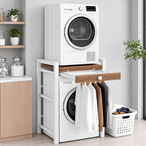 Meuble Machine à Laver, Meuble Lave Linge Seche Linge Superposé, Etagere Machine a Laver, Sans perçage, réglable en Hauteur, Armoire en Bois et MéTal, Capacité de Charge de 350 Kg (Blanc-Étagère)