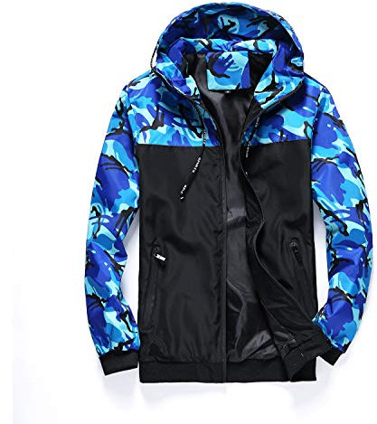 Coupe-vent à capuche léger coupe-vent à séchage rapide pour homme Motif camouflage, bleu, X-Large