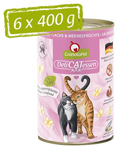 GranataPet DeliCatessen Lachs & Meeresfrüchte, Nassfutter für Katzen, Katzenfutter für Feinschmecker, Futter ohne Getreide & ohne Zuckerzusätze, 6 x 400 g