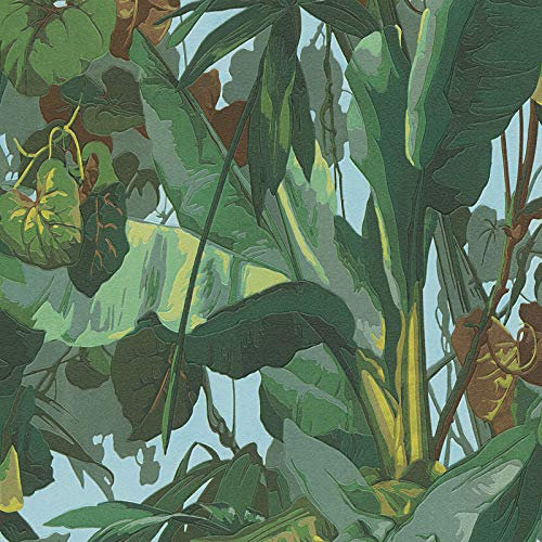Papier peint feuille de bananier 95898-1 | Papier peint jungle vert et bleu turquoise | Papier peint tropical pour salon & chambre SP03959