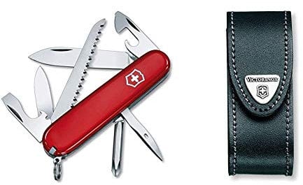 Victorinox Taschenmesser Hiker (13 Funktionen, Holzsäge, Phillips-Schraubendreher, Zahnstocher) rot & Leder-Etui (für Taschenmesser, Gürtelschlaufe, Klettverschluss, schwarz, 3cm x 10cm) schwarz