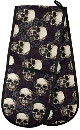 ZZXXB Halloween Skull Double Oven Mitt Heat Resistant Non-Slip Kitchen Gloves Extra Long 7 x 35 for Cooking Baking Barbecue Grilling
