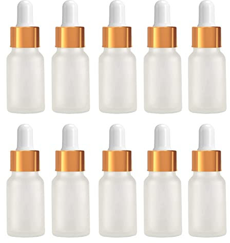 JamHooDirect 10Pcs 10ml Glass Dropper Bottles With Pipettes, Mini Empty Bottles for Essential Massage Oils/Chemical Liquid (Frosted Clear/Gold Cap)