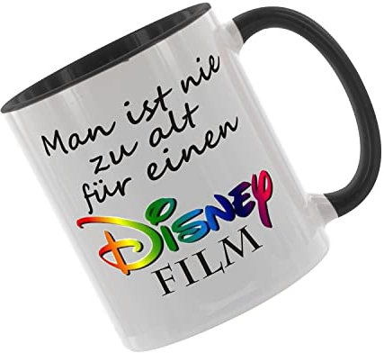 Crealuxe Kaffeetasse - Man ist nie zu alt für einen Disney Film - Spruchtasse, Bürotasse, bedruckte Keramiktasse, Tasse mit Spruch, Hochwertige Kaffeetasse (Schwarz)