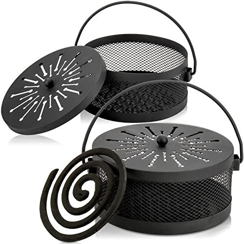 Elsjoy 2 Stück Mückenspulenhalter mit Deckel und Griff, tragbare Räucherspulenbrenner, Metall-Mücken-Räucherstäbchenhalter für drinnen und draußen, Camping, 14,2 cm Durchmesser, Schwarz