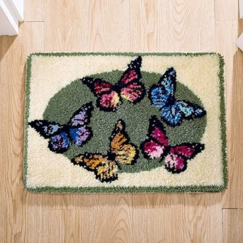 ROCKY&CHAO Myriad Choices Knüpfhaken, Schmetterlings-Teppich-Set, Teppich-Stickset, Anfänger, Kreuzstich, DIY, Häkelarbeiten, Bastelsets mit Garnen, fünf Schmetterlinge, 50 * 38cm