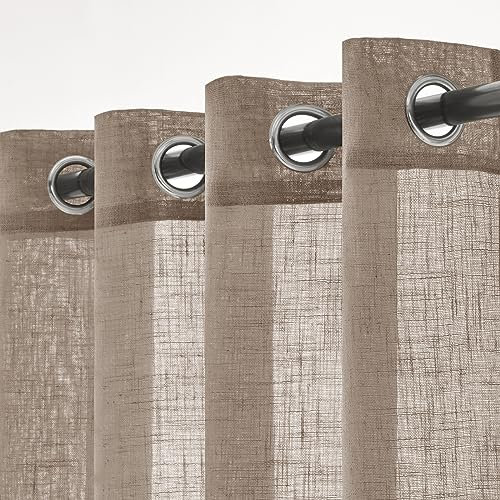 Woaboy Leinen Gardinen Vorhänge Wohnzimmer Halbtransparent mit Ösen Stores Gardine Leinenoptik Schlafzimmer Modern Ösenvorhang Schlaufengardinen 2er Set 140x225cm (BxH) Dunkelbraun