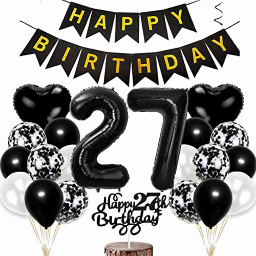 Conruich Luftballon 27. Geburtstag Deko - Tortendeko für Mann und Frau, Folienballon Zahl 27 Schwarz, Happy Birthday Banner für Party Dekoration