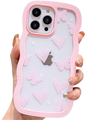 HZLFCZL Compatible with iPhone 13 Pro Max Case Cute Cartoon Heart Butterfly Clear Pattern Design Women Girls Kawaii Wave Slim Soft TPU Transparent Cover for iPhone 13 Pro Max 6.7 inch-Pink