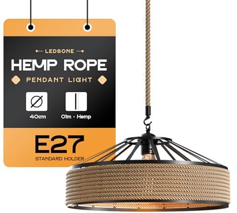 LEDSone DIY Hemp Rope Ceiling Pendant Lighting Industrial 40cm Metal Lampshade E27 Lamp Holder 100cm Adjustable Hanging Light Fitting for Living Room, Restaurant, Bar, Café (1m Hemp+40cm Shade)