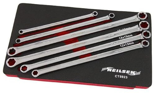 Neilsen CT5923 6pc Extra Long Ring Spanner Set – Chrome Vanadium – Sizes 8-19mm with Extractor Ends – Foam Tray for Tool Box