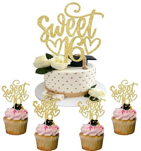 25 Stück Sweet 16 Tortendeko Glitzer Sweet Teenager 16 Cupcake Toppers Happy 16th Geburtstag Kuchen Deko für Jungen Mädchen 16 Jahre alt Geburtstag Party Kuchen Dekoendeko Gold