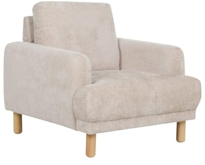 Sessel Bouclé beige mit hohen Holzbeinen Armlehnen Knöpfe Retro Stil Tuve