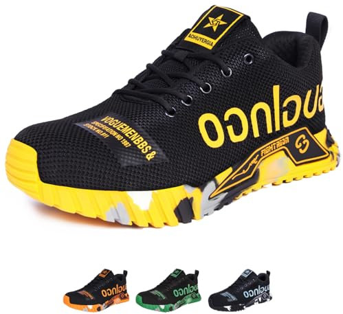 Aohuyergai Zapatos de Seguridad para Hombre Zapatillas De Seguridad Ligeros Mujer con Punteras De Acero, Zapatos De Trabajo Comodos, Zapatos Industriales De Construcción Transpirables Amarillo 45EU