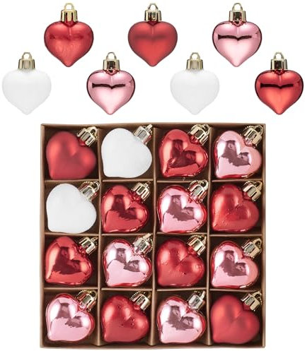 Valery Madelyn 16pcs Valentines Day Tree Decorations,Heart Bauble Ornament, Red Pink White Multi-finishes Shatterproof Heart Shape Baubles Hanging for Gift,Home Decor 4cm