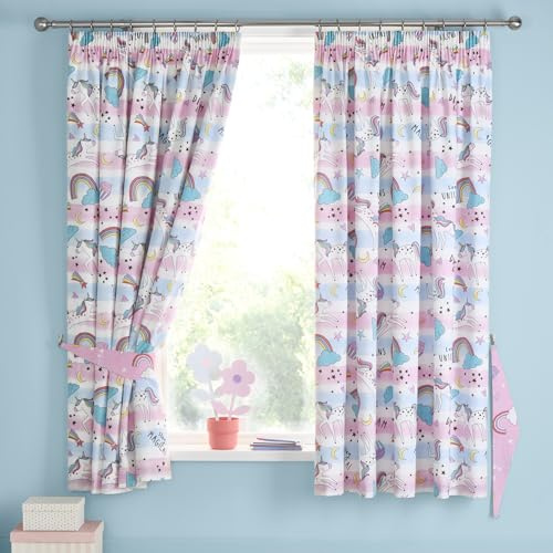 Portfolio Home Vorhang-Set für Mädchen und Kinder, Motiv: verträumte Einhörner, Regenbögen, mehrfarbig, 168 x 137 cm