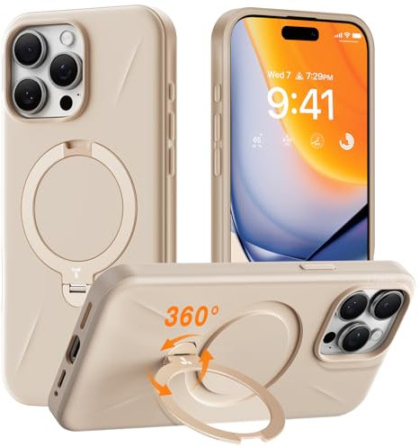 TORRAS Ostand Q3 Fusion für iPhone 15 Pro Hülle für Magsafe (Magnetischer Robust Standring) Zertifizierte Militärschutz, Harter PC Kratzfest Rückseite Dune Beige