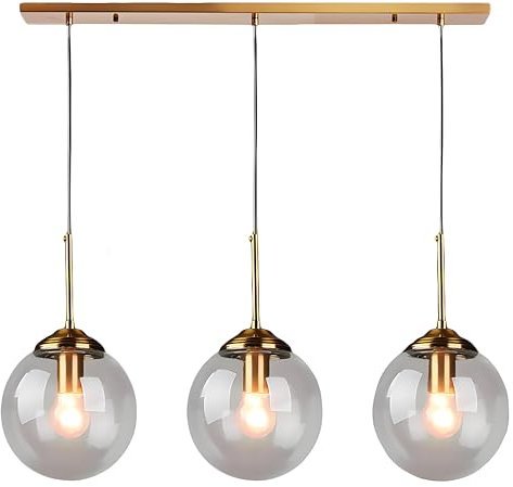 XIRYTU-H Industrielle Vintage 3-Flammige Pendelleuchte, Messing-Metalloberfläche mit Glaslampenschirmen, Höhenverstellbare Hängelampe Für Kücheninsel, Esszimmer, Bar, Wohnzimmer (Transparent)