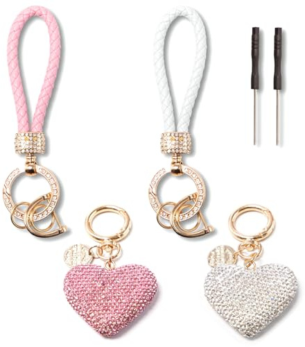 Sxutop 2 Stück Herz Schlüsselanhänger Strasssteine Schlüsselringe Aesthetic Schlüsselanhänger Glitzer Autoschlüssel Kristall Schlüsselringe für Damen Auto Schlüssel Türschlüsse Taschenanhänger