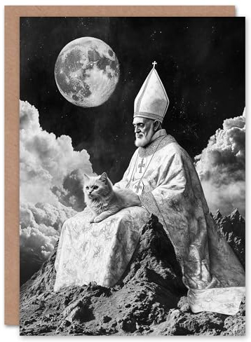 Artery8 Greeting Card Surreal Cat Lover Pope and Moon Black White Blank For Him Or Her Art Birthday Card