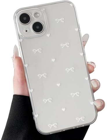 ZTOFERA Clear Case for iPhone 14, Cute Love Heart & Bowknot Pattern Design Aesthetic Transparent Phone Case Soft Flexible TPU Shockproof Protective Cover for Women Girls - White Bow